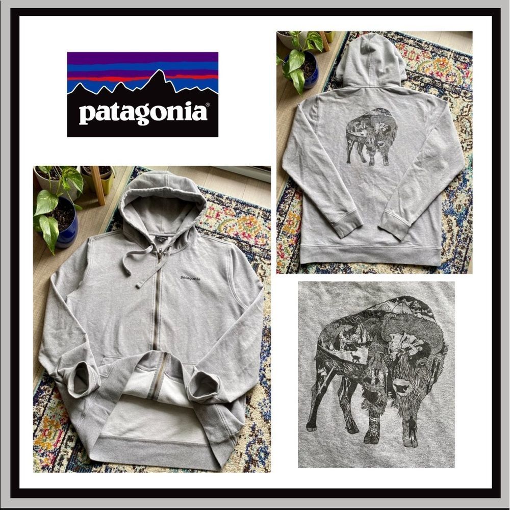 Rare Patagonia Jari Salo Illustrated Buffalo 🦬 Full Zip Hoodie in Grey Size L